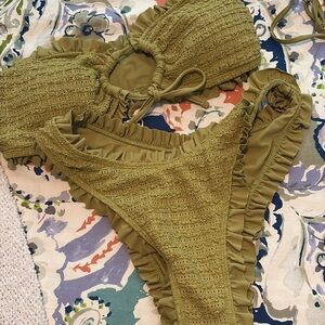 Smocked Ruffle Bikini Set - Olive Green